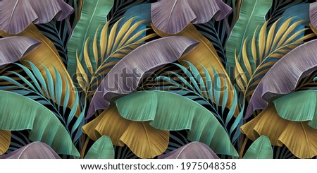 Tropical luxury exotic seamless pattern. Pastel colorful banana leaves, palm. Hand-drawn vintage 3D illustration. Dark glamorous background design. Good for wallpapers, tapestry,cloth, fabric printing