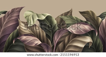 Vintage tropical green brown leaves, beige background, golden texture. Luxury mural, premium wallpaper. 3d painting illustration, watercolor design. Seamless border. Stylish cloth, paper, packaging  商業照片 © 
