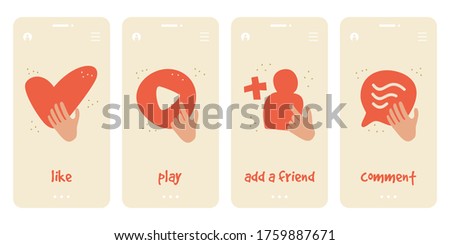 Red cartoon icons for mobile on beige background. Vector icons set template for social media. Like, play video, add a friend, comment icons