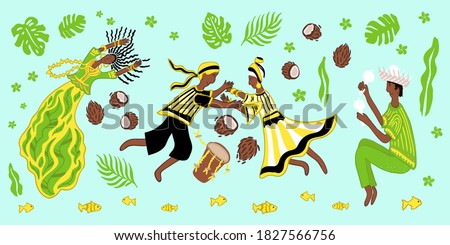 Garifuna people illustration in national clothes and colors. Black Belize Traditional Garifuna Drumming and dancing people colorful vector illustration.