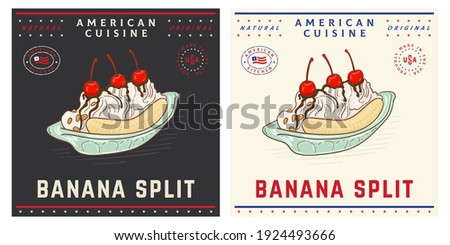 Banana split American ice cream dessert vintage illustration
