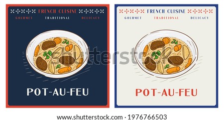 Pot au Feu or French beef stew soup vintage illustration
