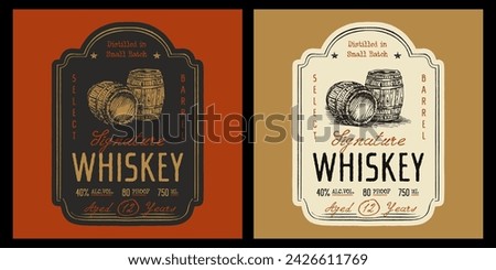 Whiskey label design, vintage retro style with barrel illustration