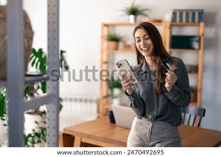 Similar – Image, Stock Photo Woman paying with mobile a take away order