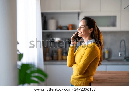 Similar – Image, Stock Photo Woman talking by phone on bed in morning.