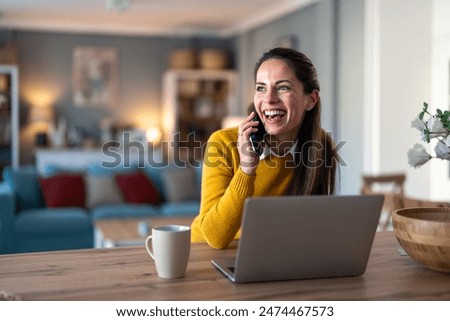 Similar – Image, Stock Photo Woman talking by phone on bed in morning.