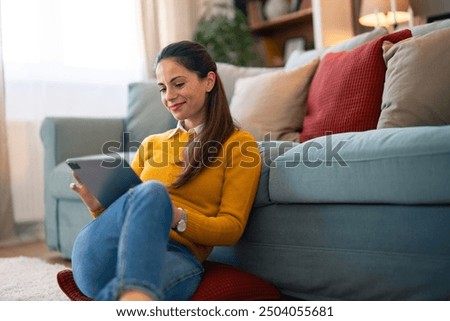 Similar – Image, Stock Photo Cheerful woman surfing in sea