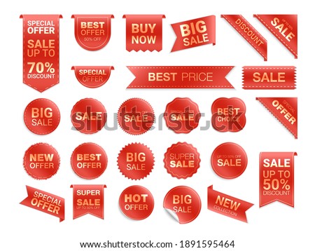 Vector red labels isolated on white background. Sale promotion, website stickers, new offer badge collection. Flat badges discount and tags. Best choice tags.  Vector illustration.