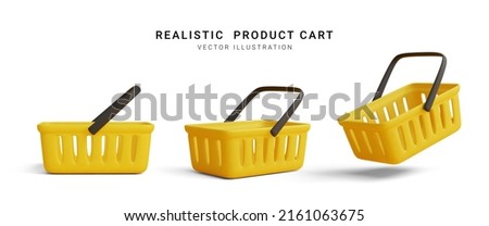 Collection of realistic 3d yellow shopping carts isolated on white background. Empty shopping basket. Vector illustration