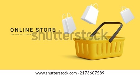 Online store banner with shopping cart and white gift bags. 3d realistic vector illustration