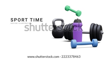 3d realistic banner with kettlebell, dumbbells and bottle isolated on white background. Vector illustration