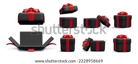 Set of 3d realistic black gift boxes with red ribbon isolated on white background. Surprise boxes. Vector illustration