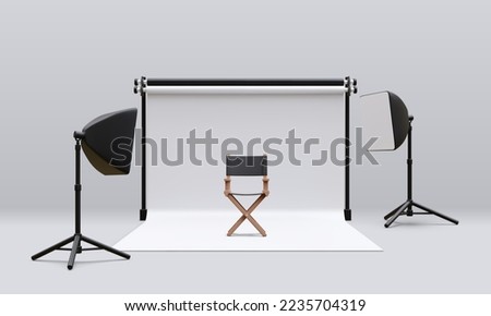 3d realistic interior of modern photo studio with chair and professional lighting equipment. Empty photography studio with spotlights. Vector illustration