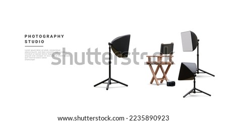 3d realistic interior of modern photo studio with chair, camera and professional lighting equipment. Empty photography studio with spotlights. Vector illustration