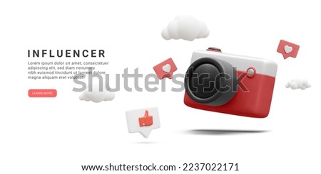 3d realistic social media banner with camera, clouds and social icons isolated on white background. Vector illustration