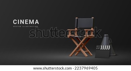 3d realistic movie industry concept. Cinema production design concept. Director chair, clapperboard and megaphone in volumetric light on black background. Vector illustration