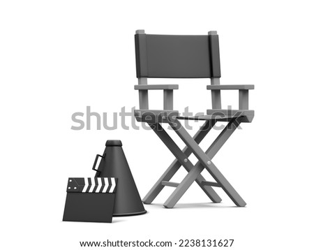 3d realistic movie industry concept. Cinema production design concept. Director chair, clapperboard and megaphone on light background. Vector illustration