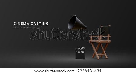 3d realistic movie industry concept. Cinema production design concept. Director chair, clapperboard and megaphone in volumetric light on black background. Vector illustration