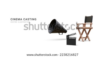 3d realistic movie industry concept. Cinema production casting design concept. Director chair, clapperboard and megaphone on light background. Vector illustration