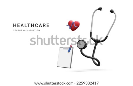 3d realistic medical stethoscope with heart and document isolated on white background. Online doctor consultation and healthcare concept. Vector illustration