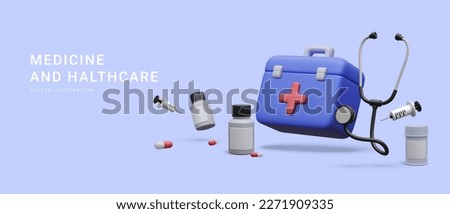 3d realistic first aid kit with stethoscope, pill boxes and syringe isolated on blue background. Vector illustration