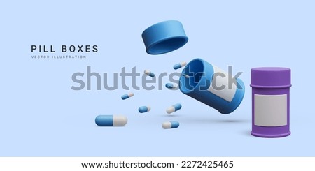 3d realistic pill bottles with flying treatment medication capsule pills isolated on white background. Health care concept banner for pharmacy. Vector illustration