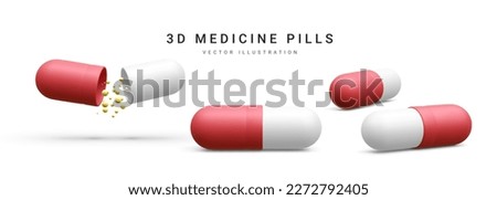 Set of 3d realistic oval, round and capsule shaped tablets isolated on white background. Medicine and drugs. Vector illustration