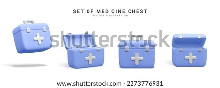 Set of 3d realistic medicine chest isolated on white background. First aid kit in cartoon style. Vector illustration