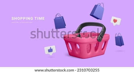 3d realistic plastic shopping cart with gift bags and social icons on blue background. Vector illustration