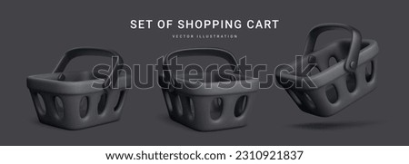 Set of 3d realistic plastic black shopping cart isolated on dark background. Special black shopping basket for Black Friday. Vector illustration