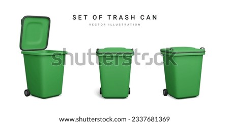 Set of 3d realistic blue trash cans isolated on white background. Vector illustration