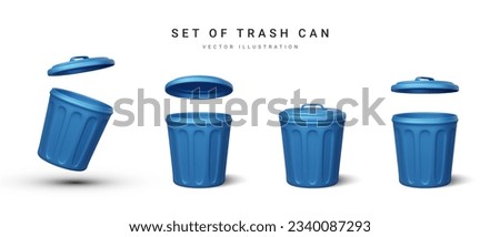 Set of 3d realistic blue trash can on white background. Vector illustration