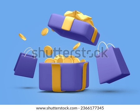 3d realistic open gift box surprise with gold flying coins and shopping bag. Money prize reward. Loyalty program and get rewards concept. Vector illustration