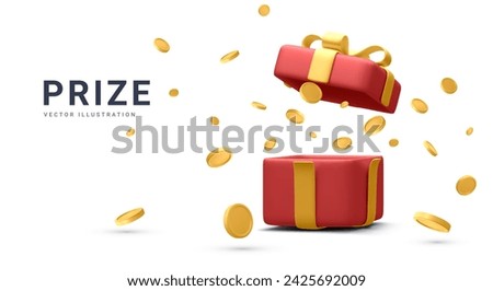 3d realistic open gift box and falling gold coins.  Concept for cryptocurrency bonus. You win prize. Vector illustration