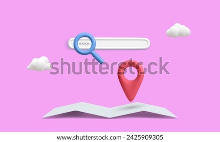 Search bar, paper map with pointer and clouds. GPS and navigation objects for mobile aplication, social media or web site. Vector Illustrations.