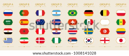 Flags of football tournament sorted by group on beige background