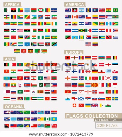 Flag of the world, big collection sorted alphabetical by Africa, America, Asia, Europe and Oceania. Official dimension vector flag. 