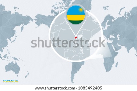 World map centered on America with magnified Rwanda. Blue flag and map of Rwanda. Abstract vector illustration.