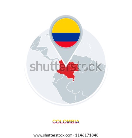 Colombia map and flag, vector map icon with highlighted Colombia