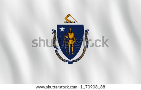 Massachusetts US state flag with waving effect, official proportion.