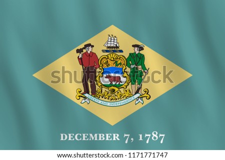 Delaware US state flag with waving effect, official proportion.