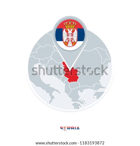 Serbia map and flag, vector map icon with highlighted Serbia