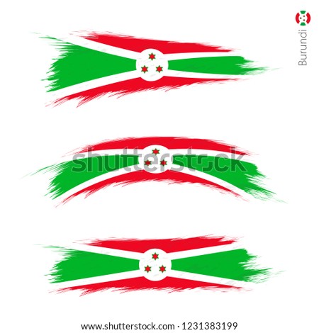 Set of 3 grunge textured flag of Burundi, three versions of national country flag in brush strokes painted style. Vector flags.