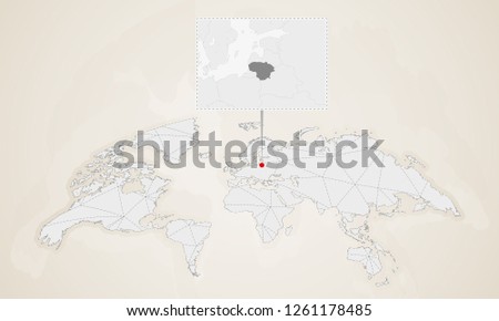 Map of Lithuania with neighbor countries pinned on world map. Abstract triangles World Map.