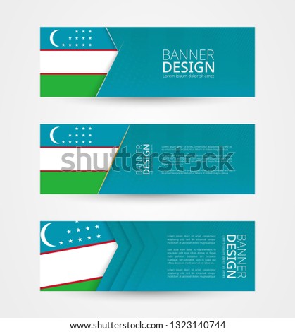 Set of three horizontal banners with flag of Uzbekistan. Web banner design template in color of Uzbekistan flag. Vector illustration.