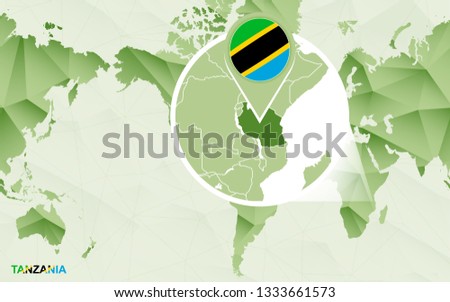America centric world map with magnified Tanzania map. Green polygonal world map.
