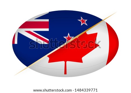 New Zealand versus Canada, concept for rugby tournament. Vector flags stylized Rugby ball.