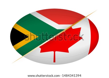 South Africa versus Canada, concept for rugby tournament. Vector flags stylized Rugby ball.