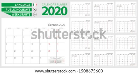 Italian calendar planner for 2020. Italian language, week starts from Monday. Vector calendar template for Italy, Switzerland, San Marino and other.