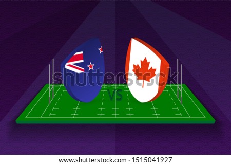 Rugby team New Zealand vs Canada on rugby field. Sport vector template.